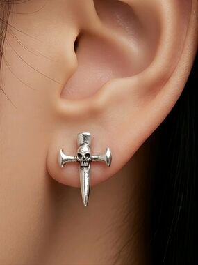 Gothic Sword Cross Skull Stud Earrings Dagger Medieval Gothic Silver Pierced Ear